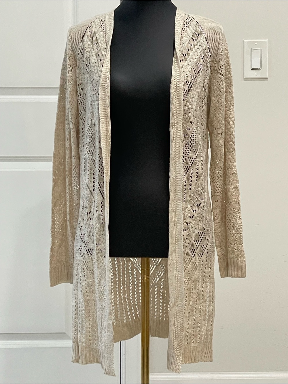 Love Ellie Beige Pointelle Open Front Knit Cardigan Sweater Size L Stitch Fix